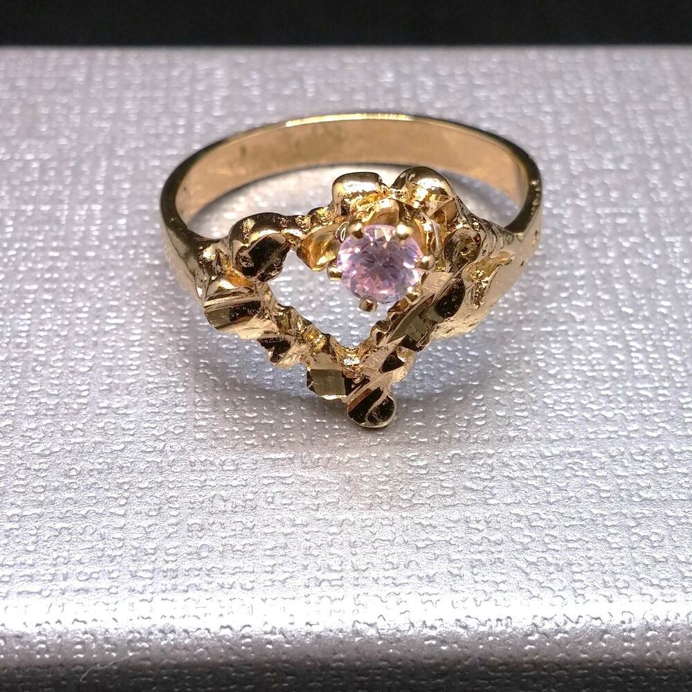 Heart 14K Gold Plated Ring Vintage Pink Cubic Zirconia Stone Nugget Textured
